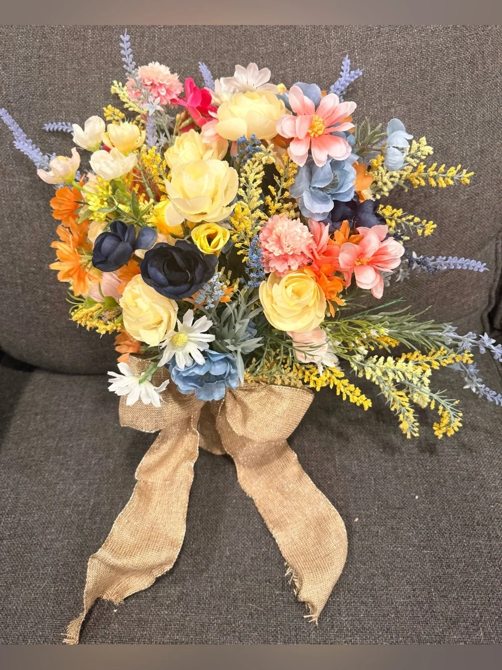 2-Elegant Mixed Artificial Floral Bouquets in Yellow, Navy, Pink & Blue